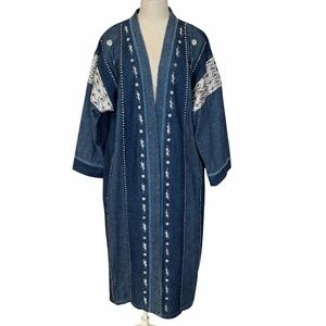 VTG Molato Embroidered Studded Denim Global Kimono Jacket Duster Elephant Medium